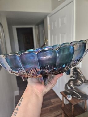 Iridescent Carnival Glass Footed Bowl - Vintage Indiana Glass Centerpiece
